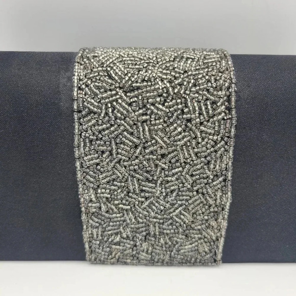Vintage Jessica McClintock Black Satin Clutch Evening Bag Silver Beaded Accent - Picture 4 of 15